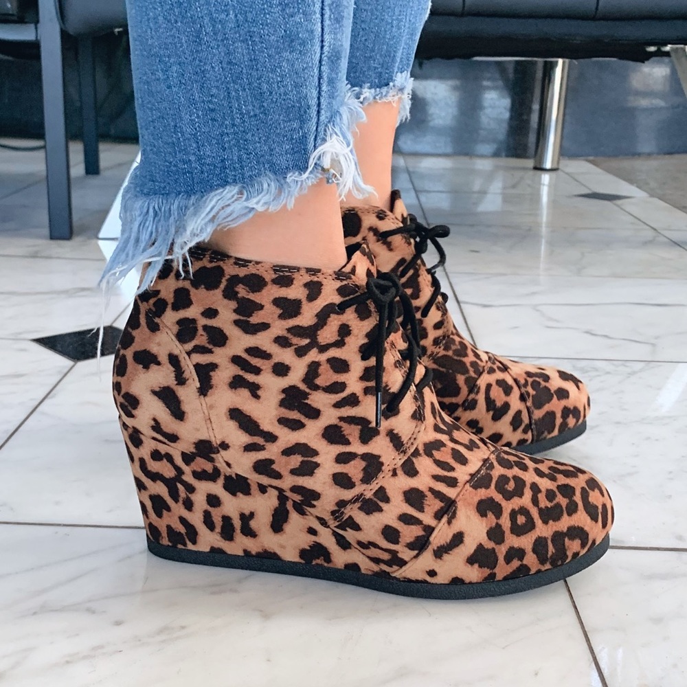 Leopard Lace Up Oxford Wedge Ankle Bootie